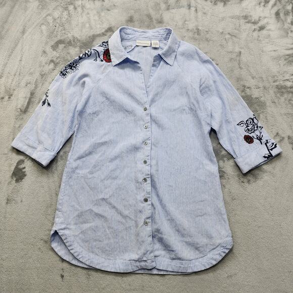 Soft Surroundings Top Womens XS Blue Striped Linen Blend Embroidered Button Up - Picture 1 of 12